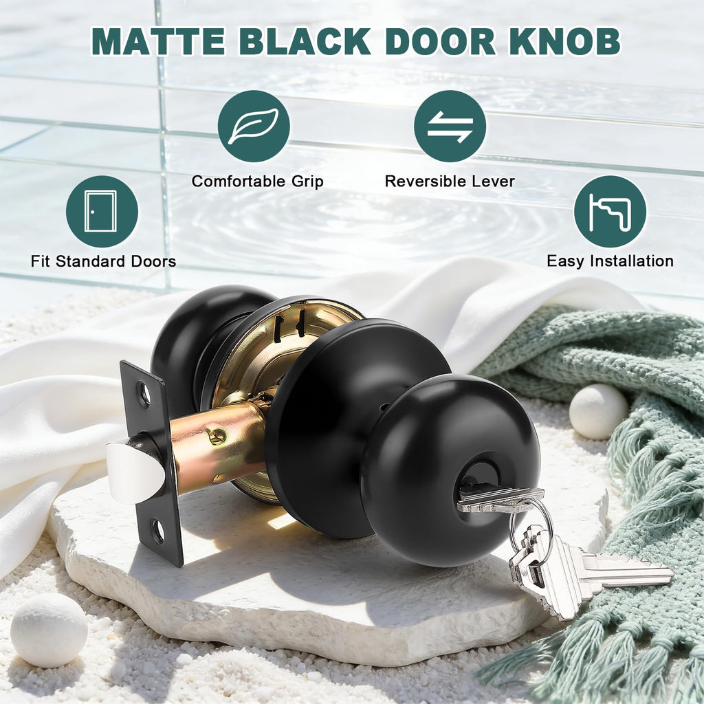 Entry Door Knobs with Lock and Same Keys, Matte Black Keyed Aliked Entry Door Lock Sets for Exterior & Interior