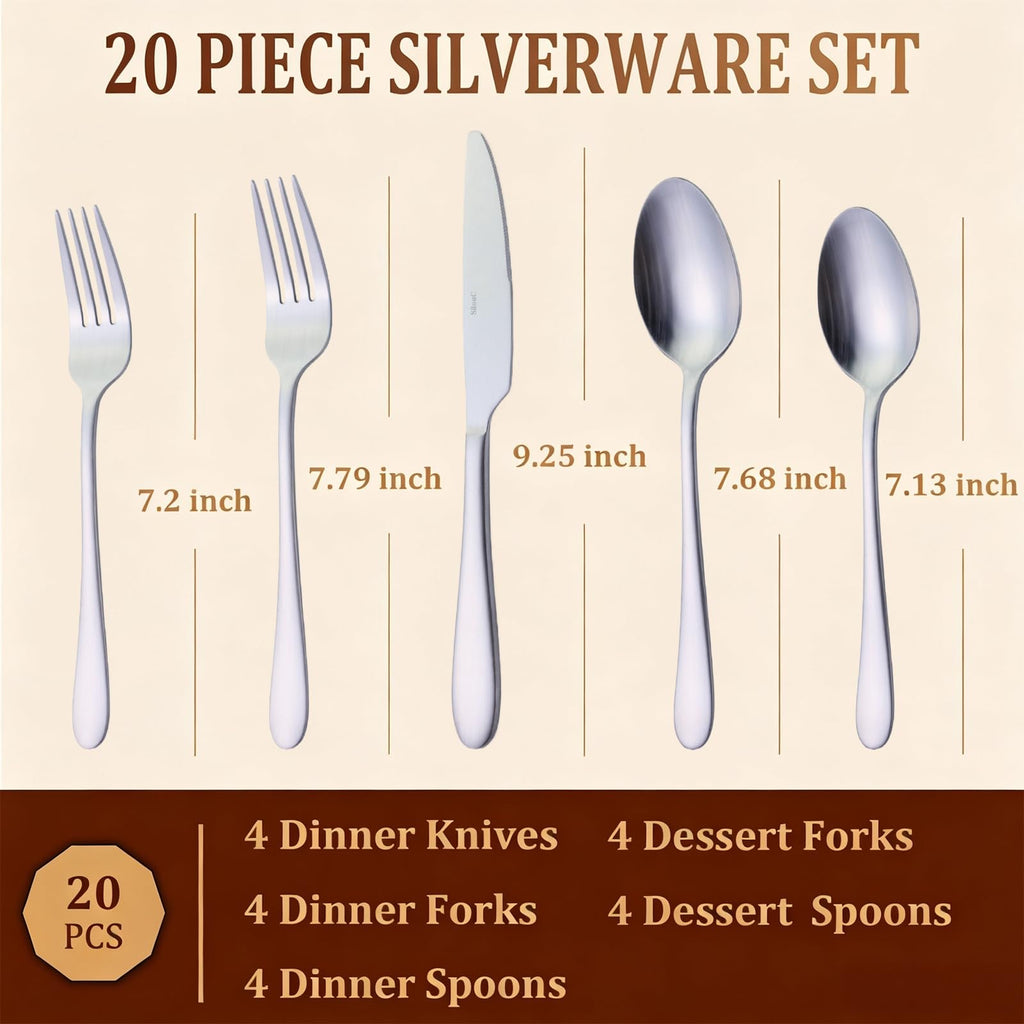 20-Piece Silverware Set & Flatware Set, Hammered Square Handle Silver Stainless Steel Service for 4, Matte Satin