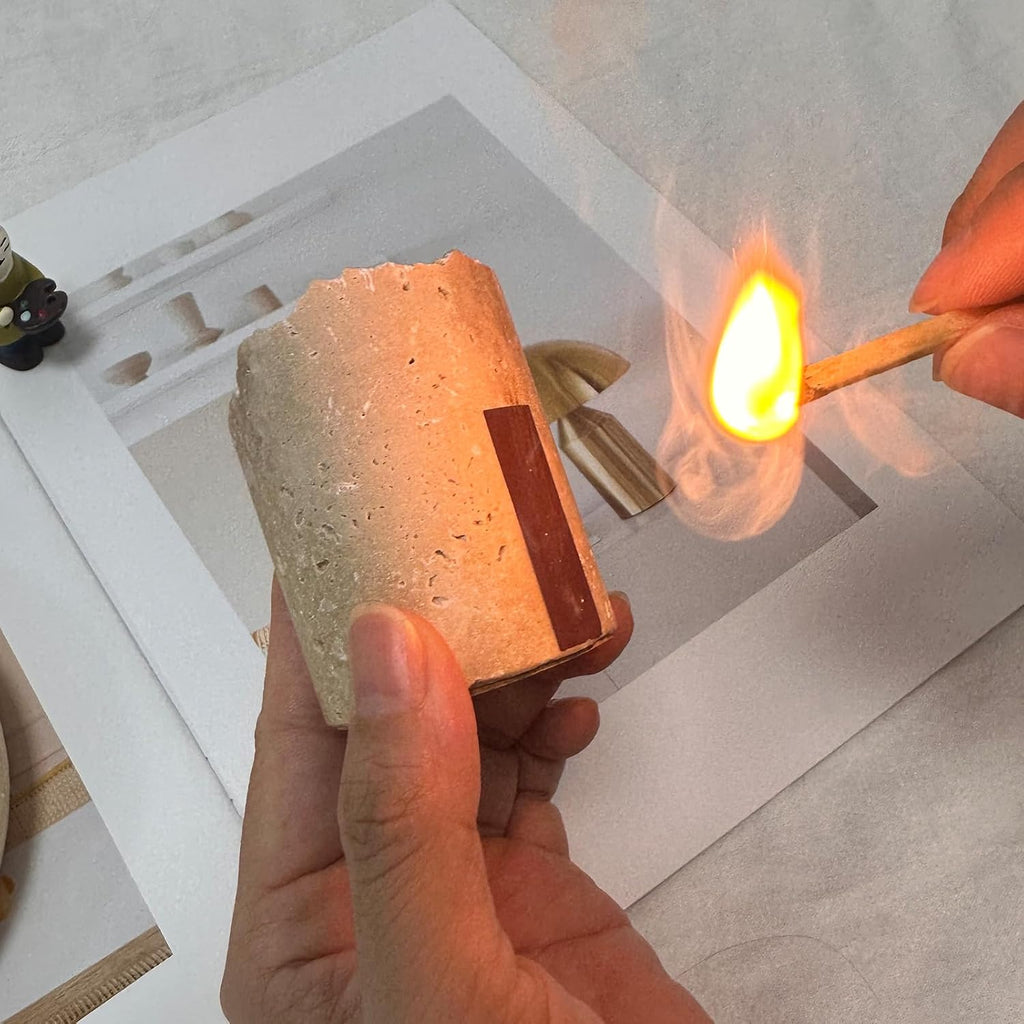 Natural Travertine Stone Match Holder with Striker, Irregular Raw Edge Decorative Match Storage Jar, Matchstick - Set of 2