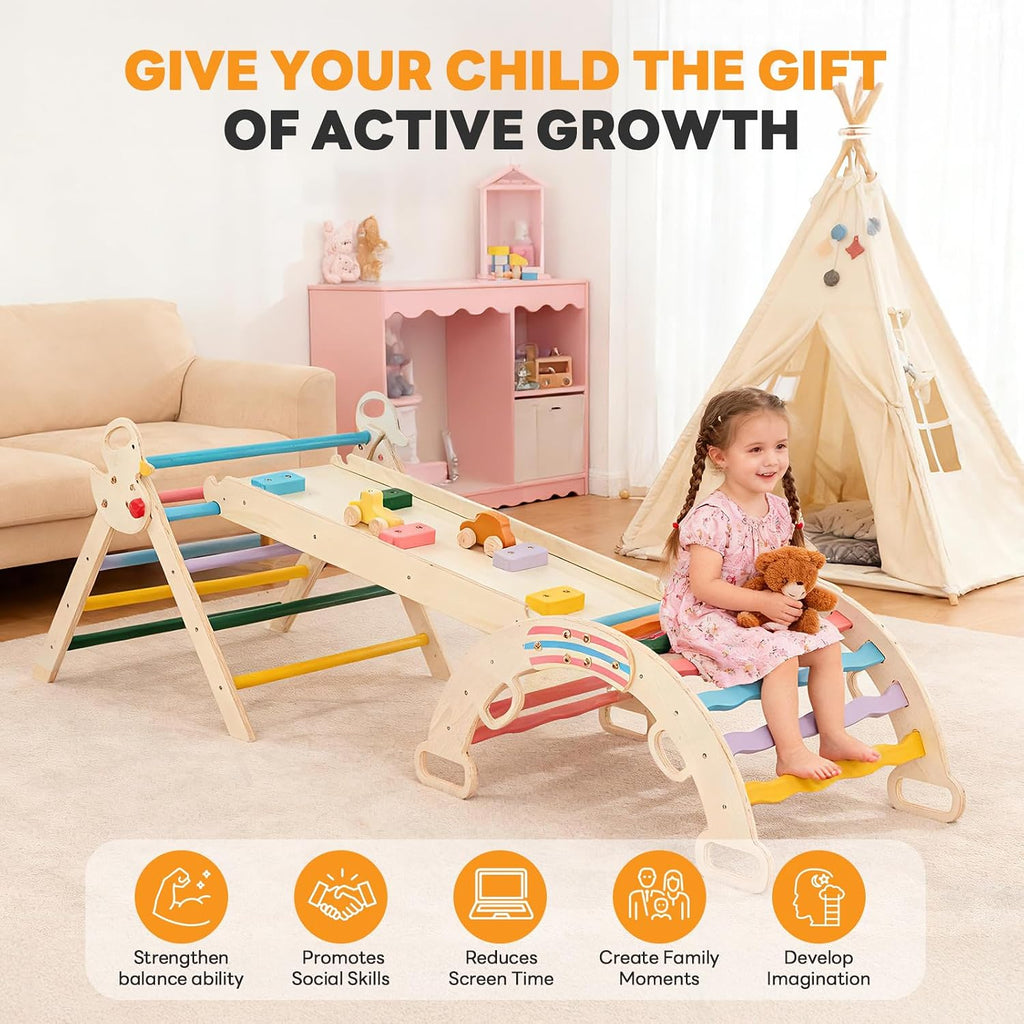 Triangle Set, Toddler Climbing Toys and Play Structure Indoor, in-1 Wooden Montessori Climbing Set with Arch, Ramp