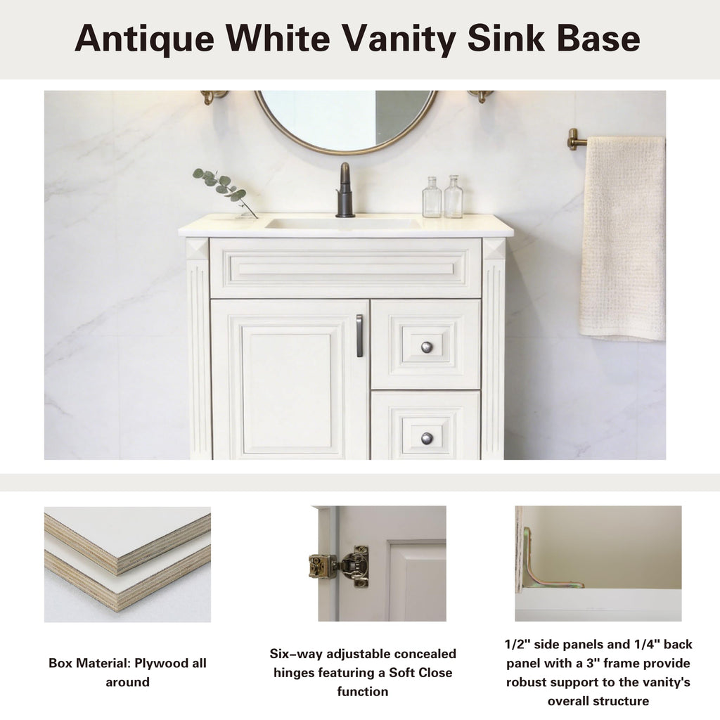 Antique White Solid Wood Single Bathroom Vanity Base Cabinet 30 inch W x 21 inch D x 32 inch H (Right Drawers)
