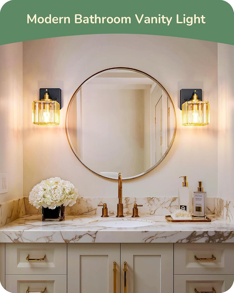 Wall Sconces Set of Two, Bathroom Light Fixtures with Crystal Shade, Modern Vanity Lights, Black Gold Lighting