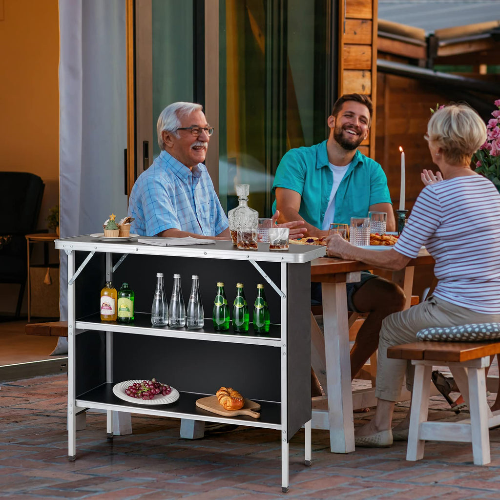 Portable Bar Table for Events, Folding Mobile Bartending Station with Storage Shelves, Removable Privacy Skirt