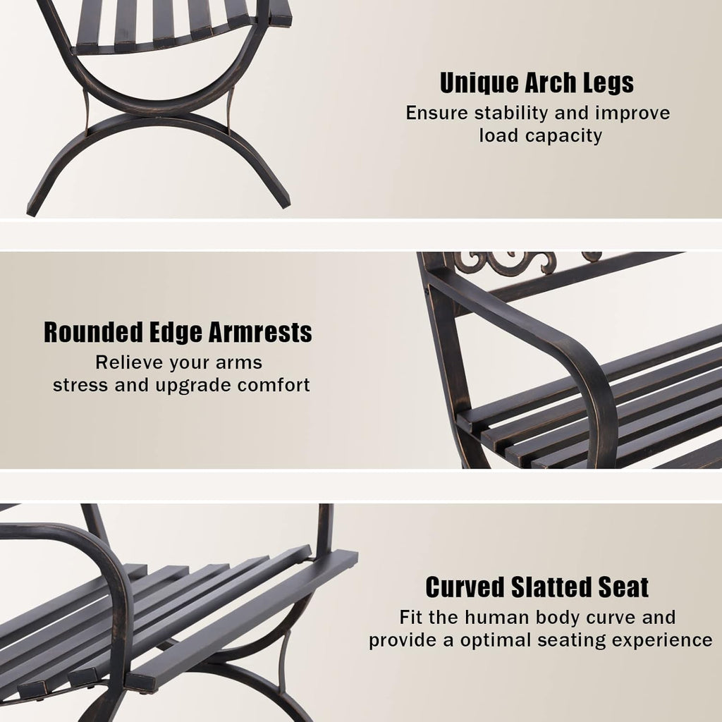 50 Inches Outdoor Garden Bench Cast Iron Metal Frame Floral Bronze | E-Coating Anti-Rust Finish, Weatherproof Outdoor