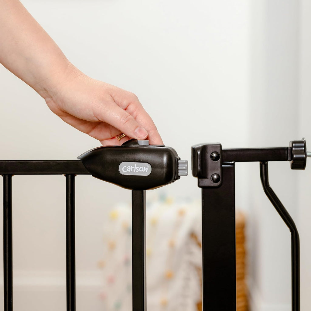 29-36.5" Extra Wide Dog Gate with Small Pet Door, Walk-Through Pressure Mounted Metal Indoor Pet Safety Gate, Black