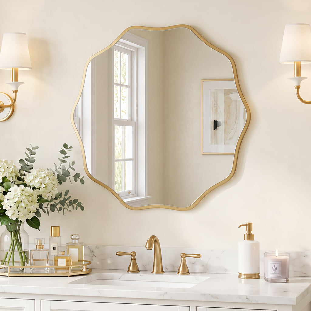 Gold Scalloped Mirror, 24'' Round Wall Mirrors Wavy Wood Framed Nursery Bedroom Living Room Entryway, Decorative