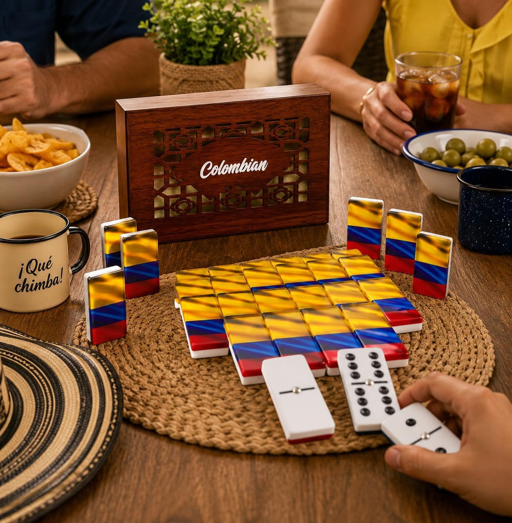 Colombian Premium Edition Dominoes Set Deluxe - Double Six Domino Tiles with Colombia Flag Design - Resin & Clear Top
