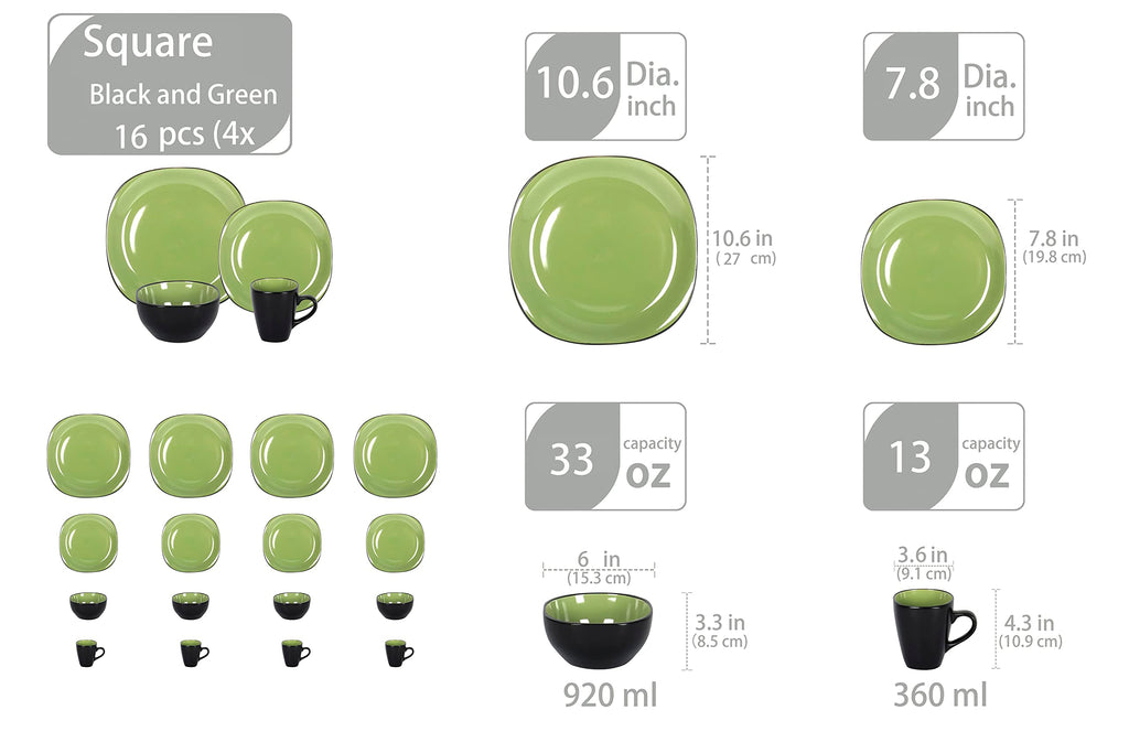 Stoneware Square 16pc Dinnerware Set, Inside Siny Green and Outside Matte Black