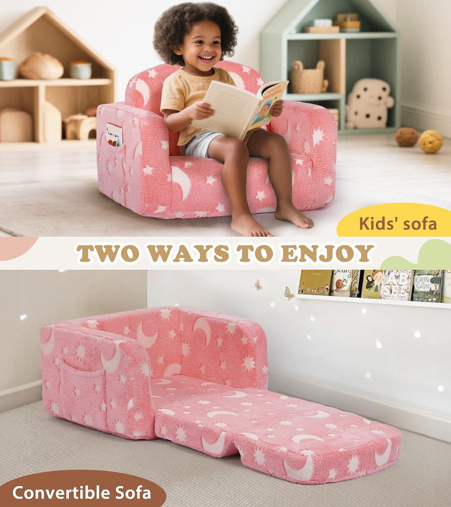 Kids Couch, in-1 Soft Toddler Couch Fold Out with Blanket and Cloud Pillow, Glow in The Dark, Convertible Sofa