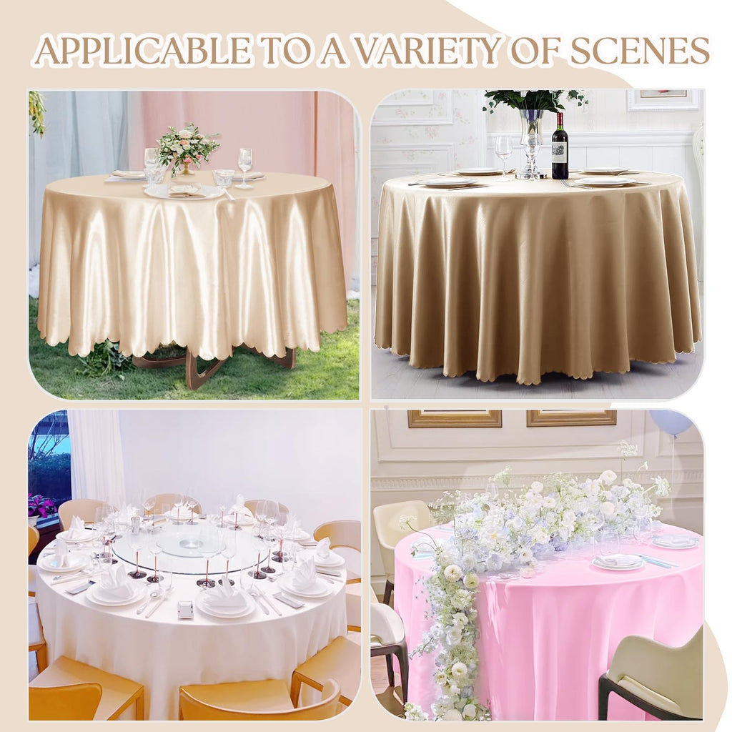 2 Pack 120 Inch Round Satin Tablecloth, Champagne, for 8-12 Seats