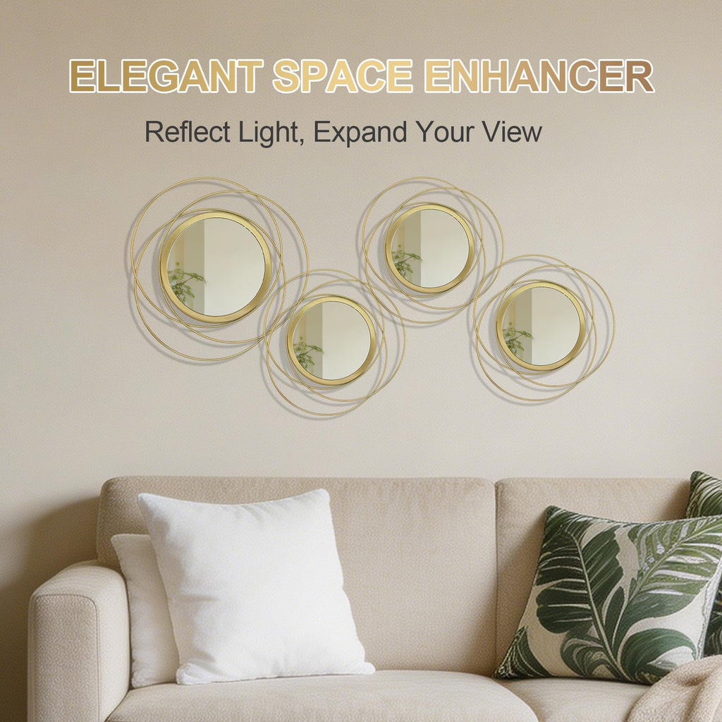 4 Piece Gold Round Wall Mirror Set Modern Metal Circles Decor