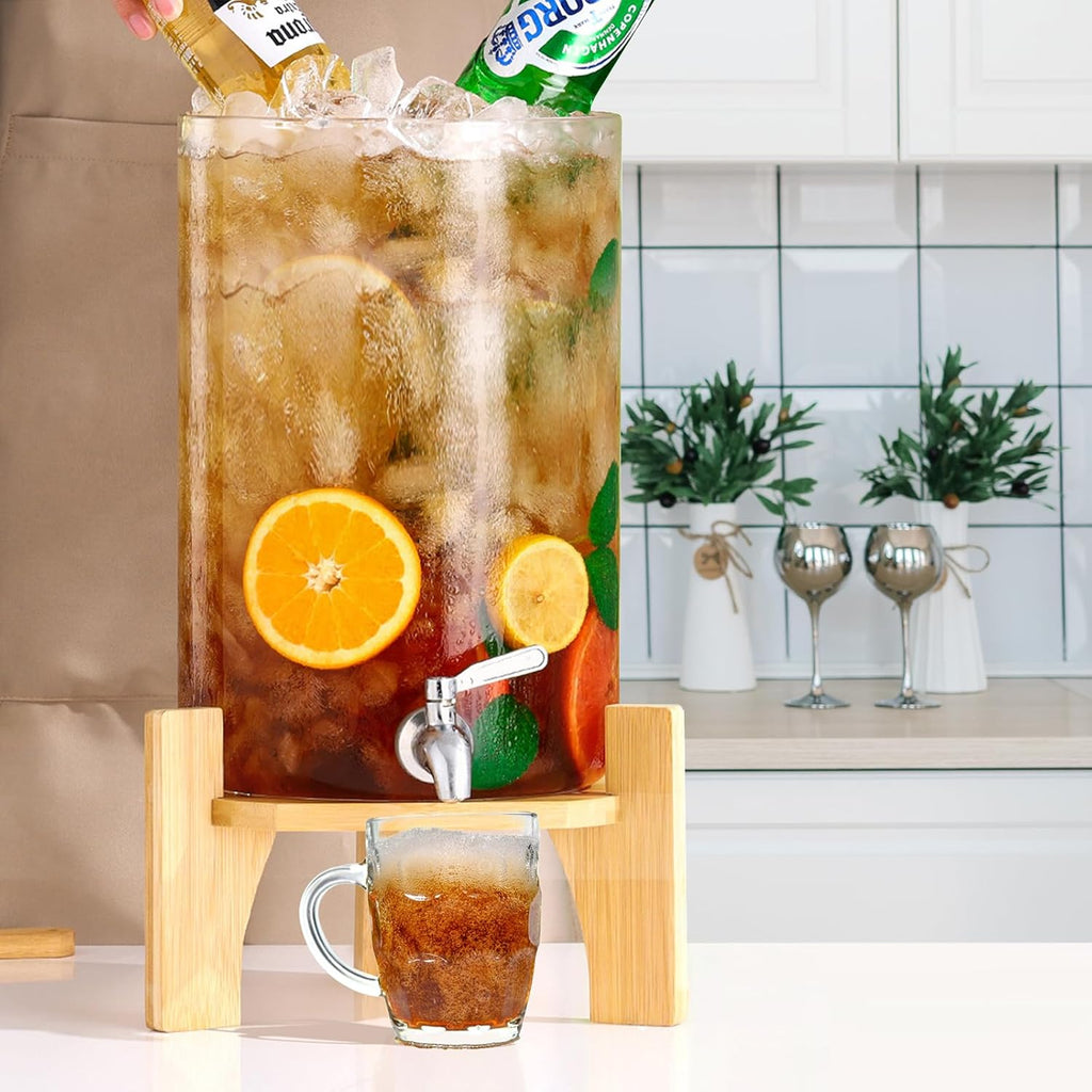 Glass Drink Dispenser with Stand,2.1 Gallons Wood Stand Cold Beverage Dispensers-Large Drink Dispensers