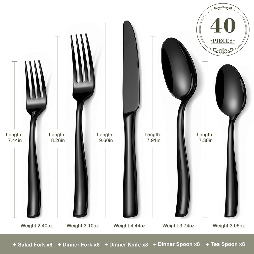 Black Silverware Set, 40-Piece 18/10 Stainless Steel Flatware for 6