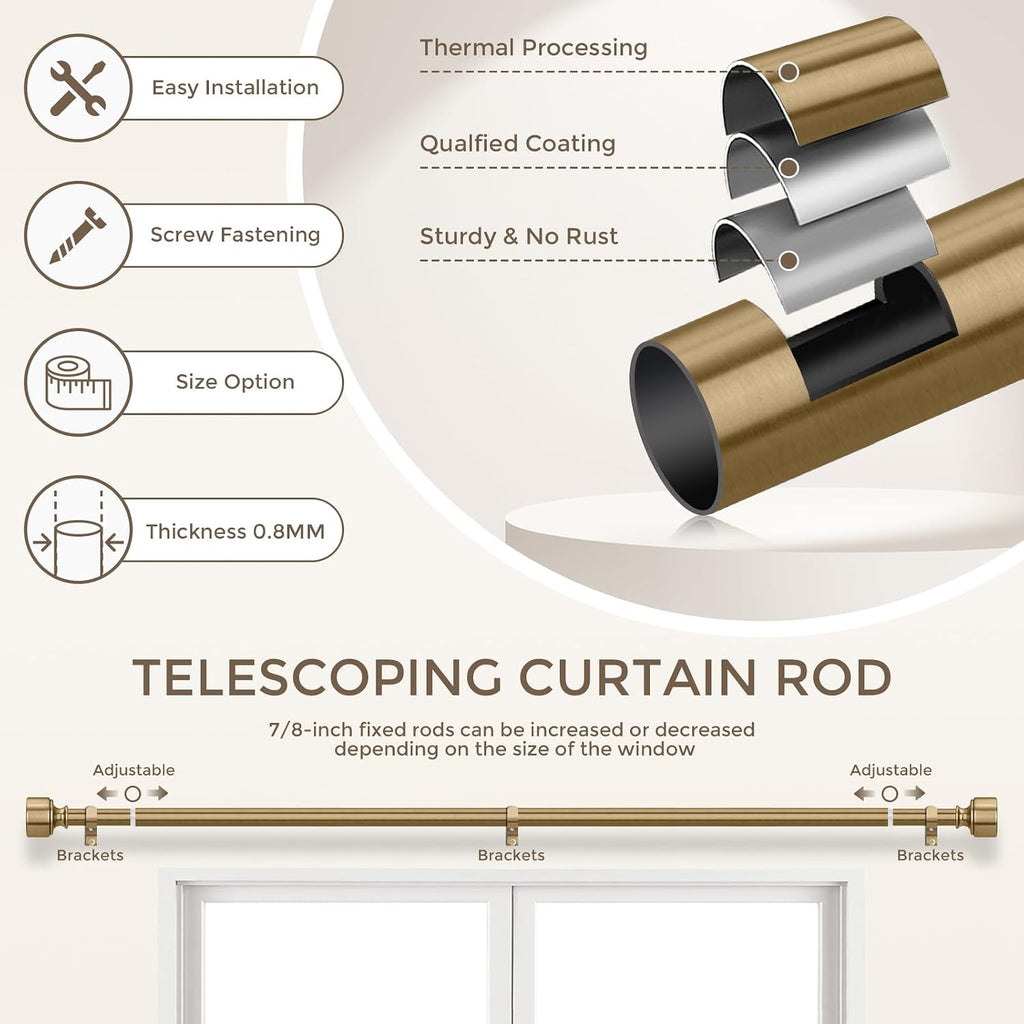 2 Pack Warm Gold Curtain Rod for Windows 28 to 48 Inch, Heavy Duty Brass Curtain Rod, 1" Diameter Adjustable Gold