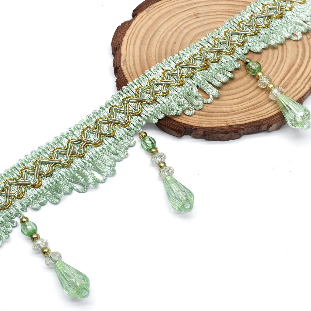 Green Beaded Fringe Trim, 4 Yard, 3.5 Inch Wide