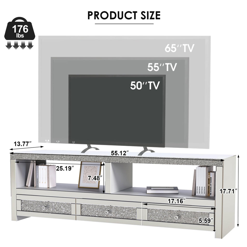 Silver Mirrored TV Stand for TVs Up to 65 Inches, LED TV Stand Modern Entertainment Center with Drawers & Open
