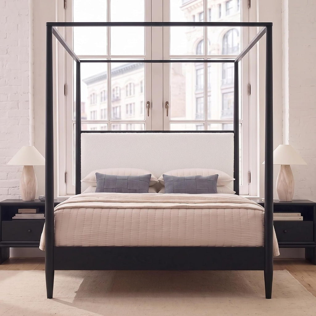 Solid Wood Canopy Bed Frame with Upholstered Headboard