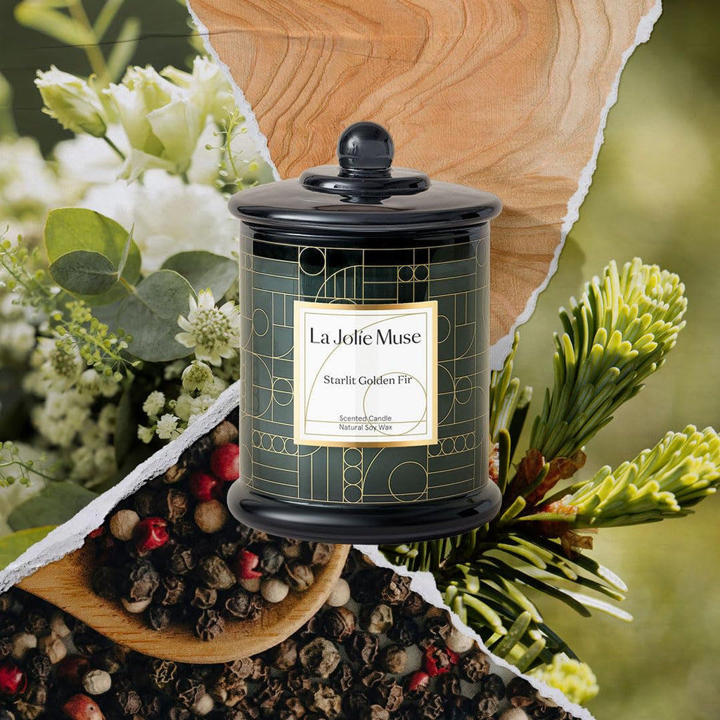 Starlit Golden Fir Scented Candle, Pine, Cedarwood & Fir Balsam, 75-Hour Long Burn, Natural Soy Wax, Decorative Glass