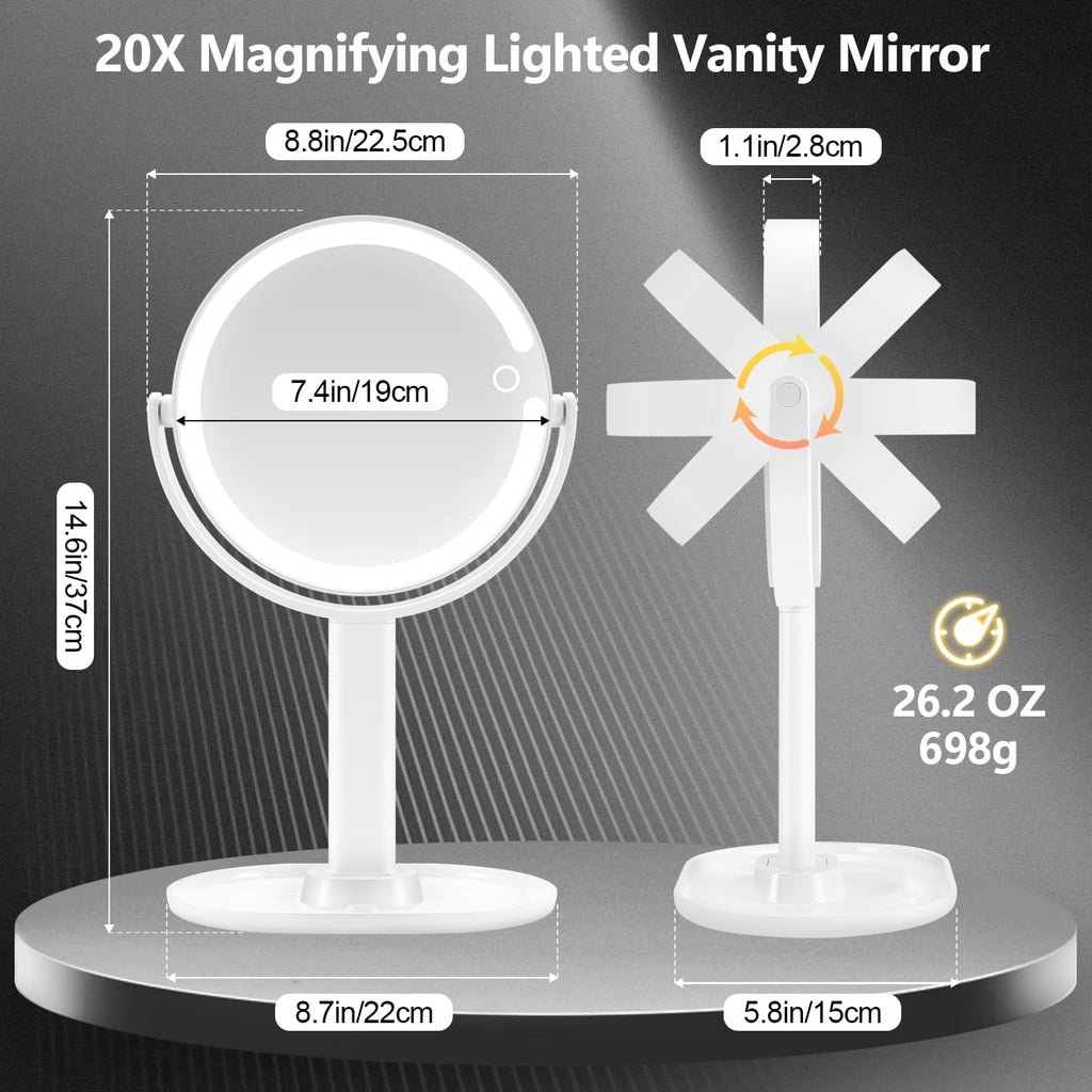 Makeup Mirror with Lights,20X Magnifying Mirror with Light and Touch Switch,Vanity Mirror with 3 Color Light and 80