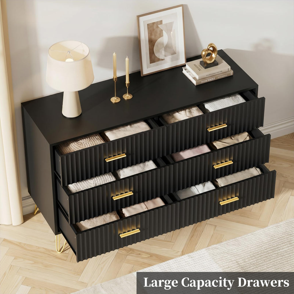 Fluted Dresser, 6 Drawer Black Dresser with Gold Handles, Modern Storage Dressers & Chests of Drawers