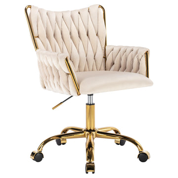 Velvet Desk Chair, Hand Woven Height Adjustable Swivel Chair, Beige