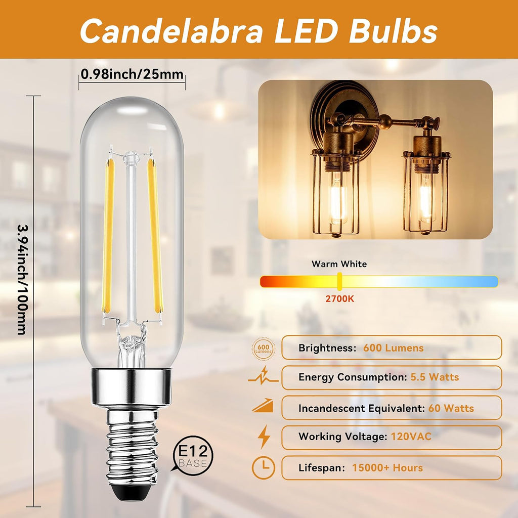 E12 Candelabra LED Bulb, 60W Equivalent Dimmable 2700K Soft Warm White