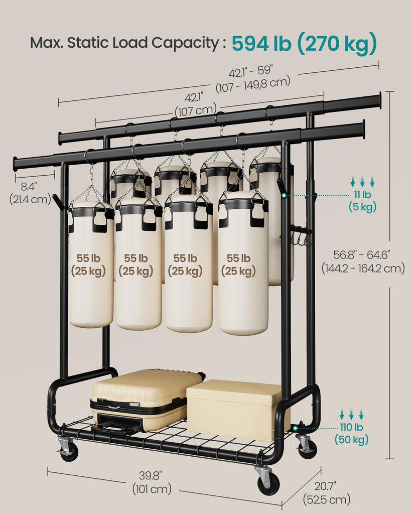 Clothes Rack, Heavy-Duty Rolling Garment Rack with Shelf