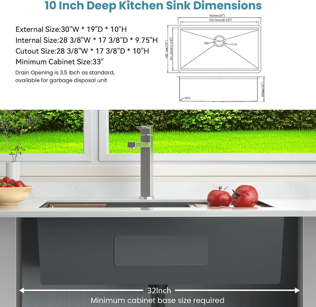 30 Inch Undermount Sink Stainless Steel Undermount Kitchen Sink Workstation | Single Bowl,16 Gauge,Under Counter