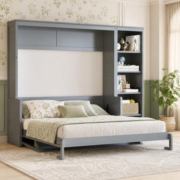 Queen Murphy Bed with Desk, Space Saving Wall Bed Queen with Bookshelf, Storage Shelves, Wood Slats, No Box Spring