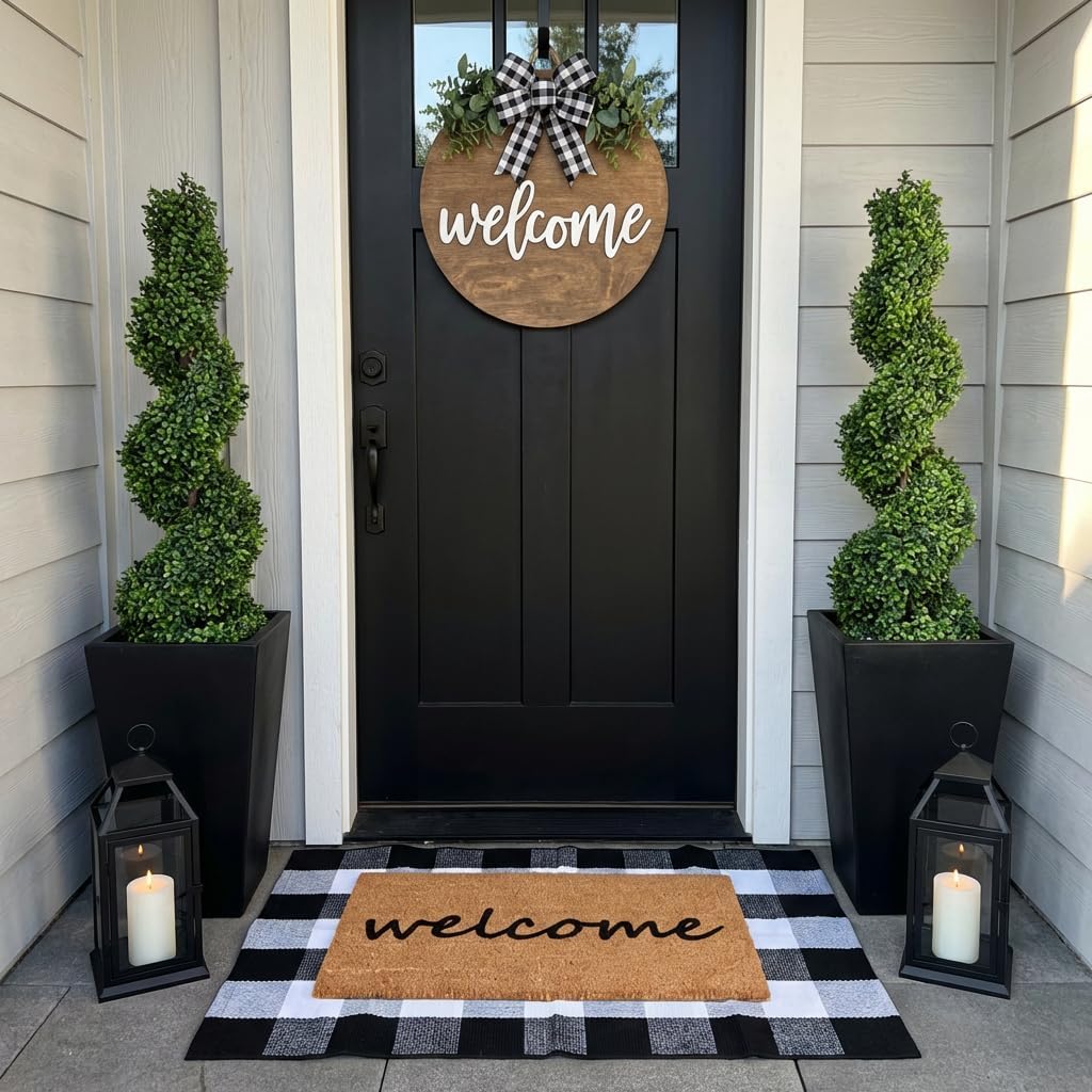 2-Piece Layered Front Doormat Set, Welcome Natural Coco Coir Door Mat + 28"x43" Black and White Buffalo Plaid Rug