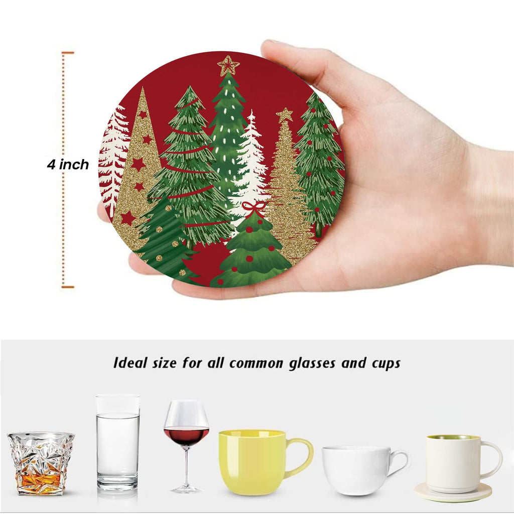 Christmas Tree Drink Coasters Set of 6, Round Absorbent Ceramic Coaster, with Metal Holder and Cork Base, Pine Tree