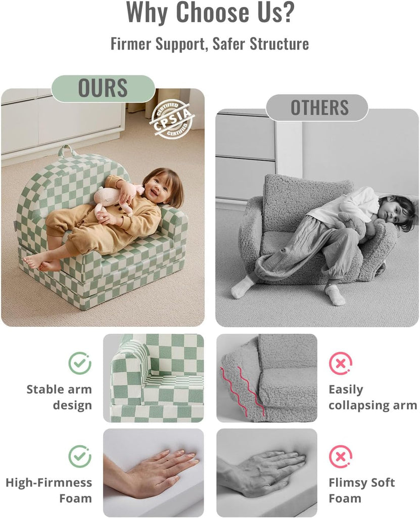 Foldable Kids Couch, in-1 Kids Sofa Chair, Sage Checkered