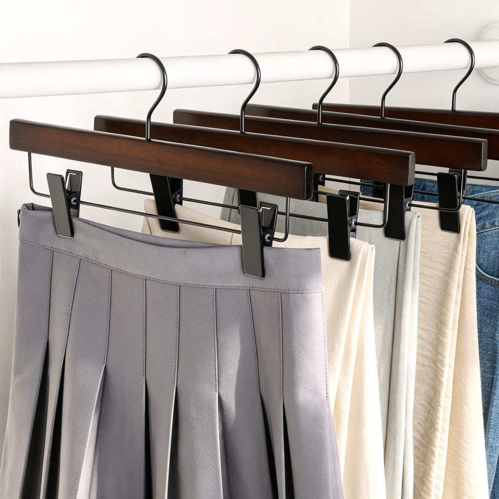 Pants Hangers, Wooden Skirt Hangers with Adjustable Metal Clips, Premium Retro Finish and 360° Swivel Black Hook