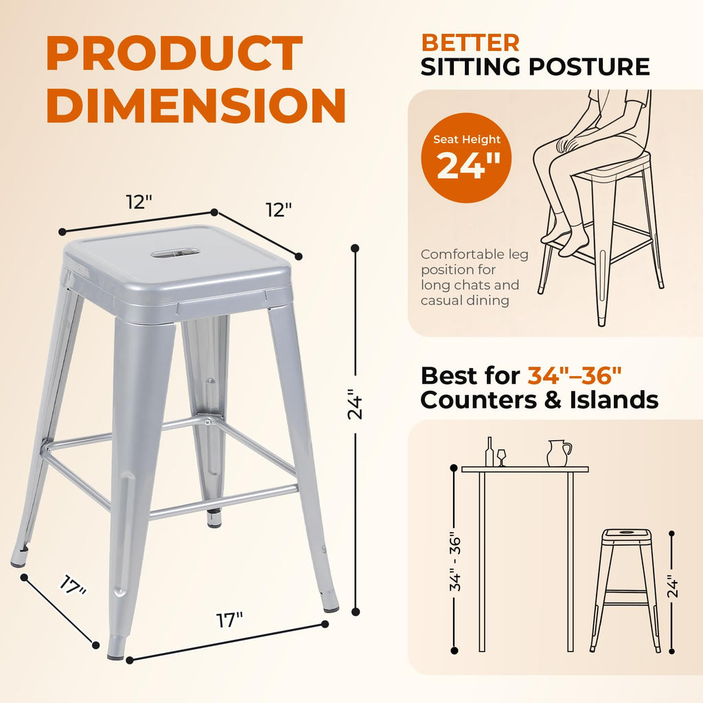 Moonlight Silver Metal Bar Stools Set of 2, 24"