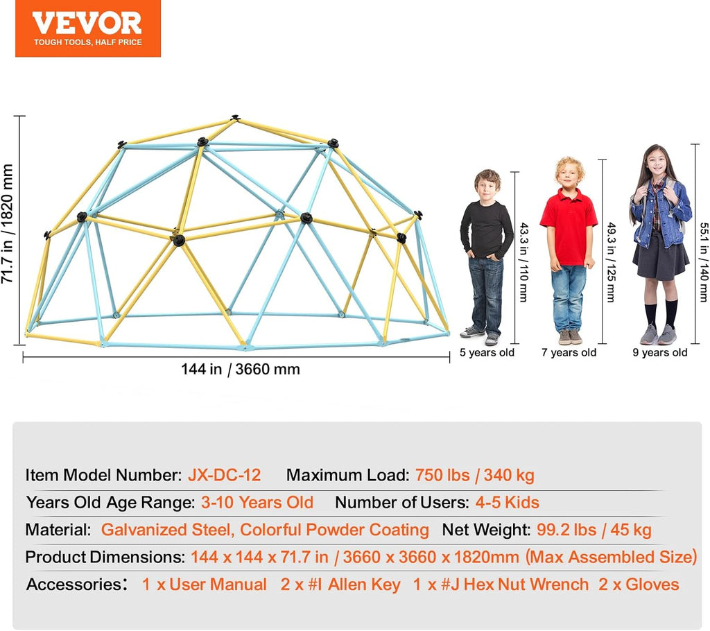 Climbing Dome, 12FT Geometric Dome Climber Play Center for Kids 3 to 10 Years Old, Jungle Gym Supports 750LBS and