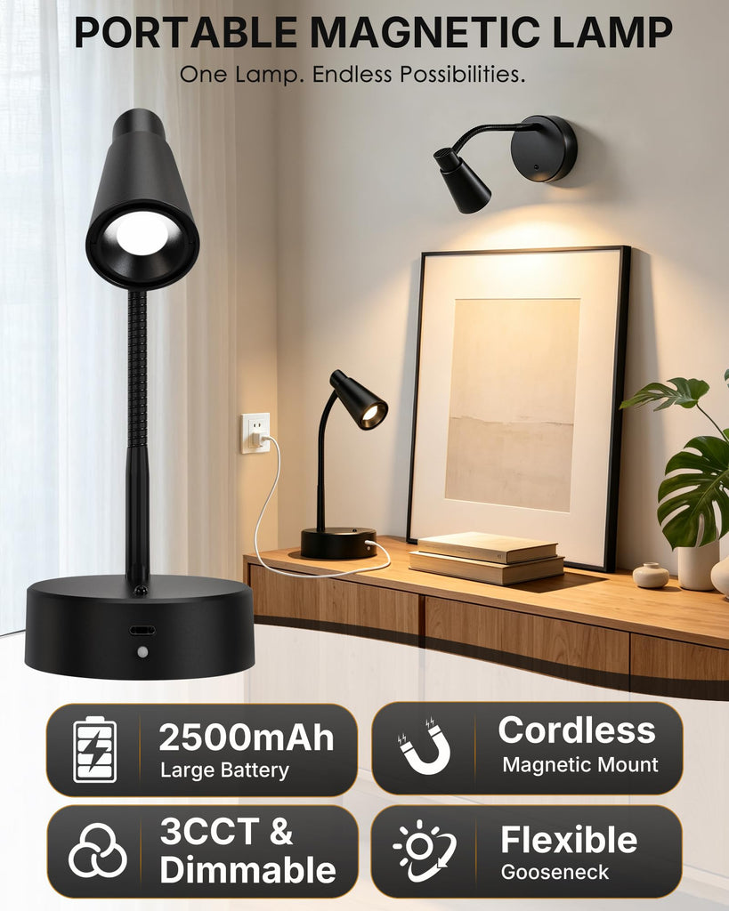 Picture Lights for Wall, 2 Pack 2500mAh Rechargeable Portable Magnetic Lamps with Flexible Gooseneck, Cordless LED