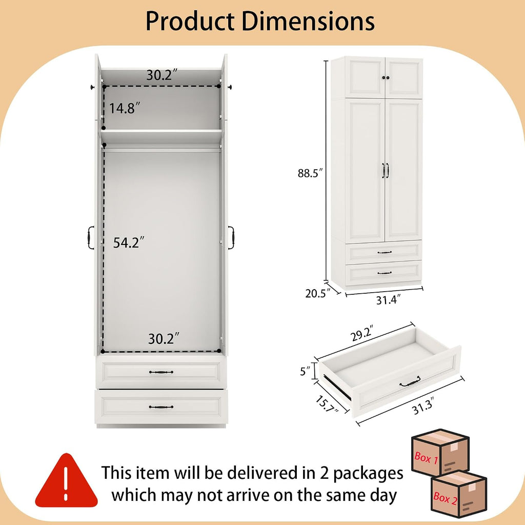 Armoire Wardrobe Closet with Drawers: 31.5" Large Wood Wardrobe Closet with 2 Doors and 2 Drawers, Modern Clothes