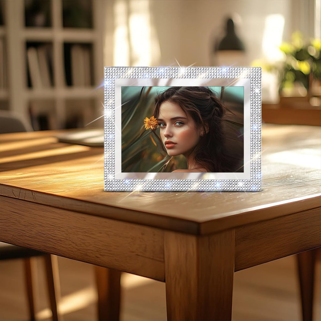 5x7 Bling Glass Picture Frame for Tabletop Display, Display Glitter Rhinestones Photo Frame Horizontally or