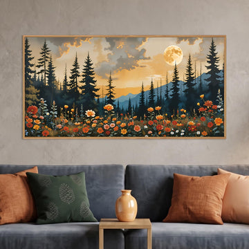 Mountain Wildflower Landscape Framed Canvas Wall Art Set, Vintage Moon Pine Tree Wall Decor, Rustic Forest Art
