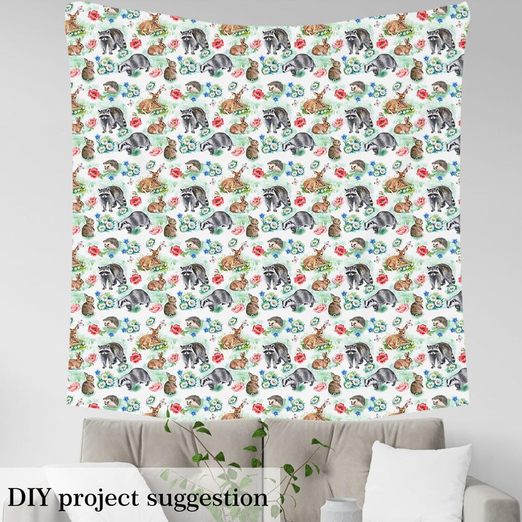 Cute Raccoon Rabbit Deer Fabric by The Yard Botanical Plants Rustic Jungle Home DIY Fabric by The Yard Cartoon Wild