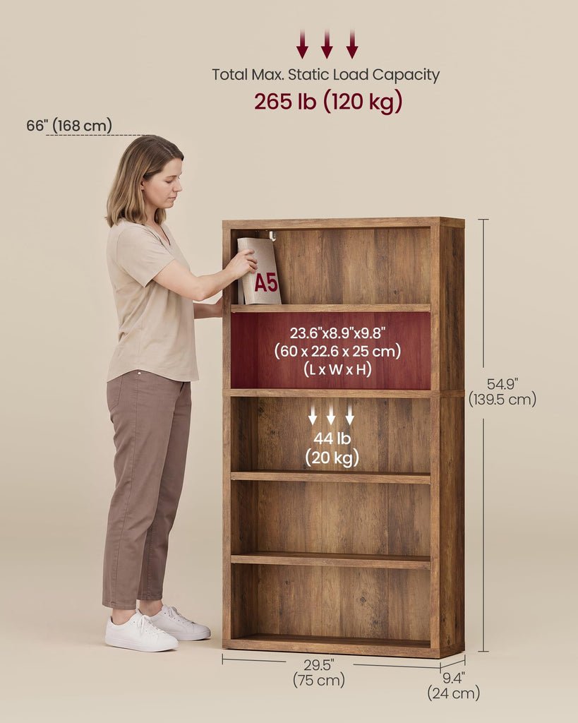 5-Tier Bookshelf, Minimalist Bookcase with Adjustable Shelves
