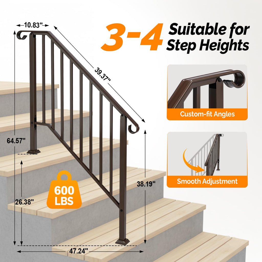 Handrails for Outdoor Steps, Stair Handrail Fits 1 to 5 Steps, Wrought Iron Hand Rail Stair Railing Kit for