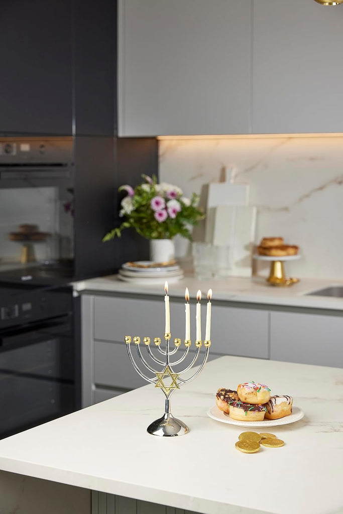 9 Branch Metal with Magen David: Modern, Elegant Jewish Hanukkah Replica Candelabra Candleholder Stand, 2-Toned