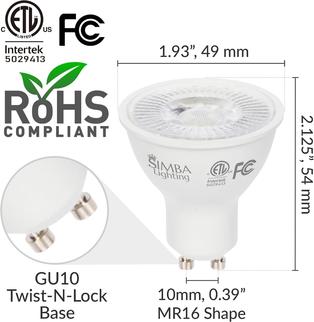 LED GU10 5W ETL Listed Dimmable, Bipin Base, 2700K, 6 Pack