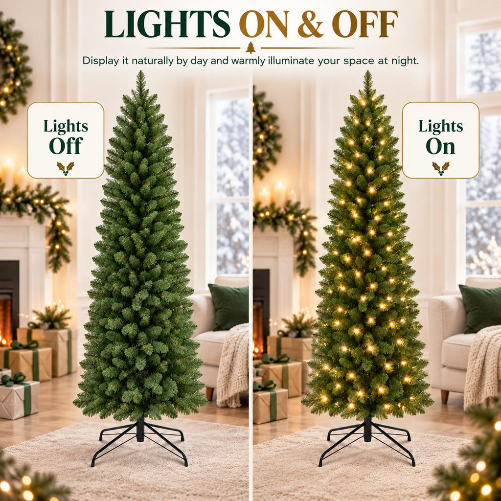 9FT Slim Pre-Lit Artificial Pencil Christmas Tree&Warm White Lights
