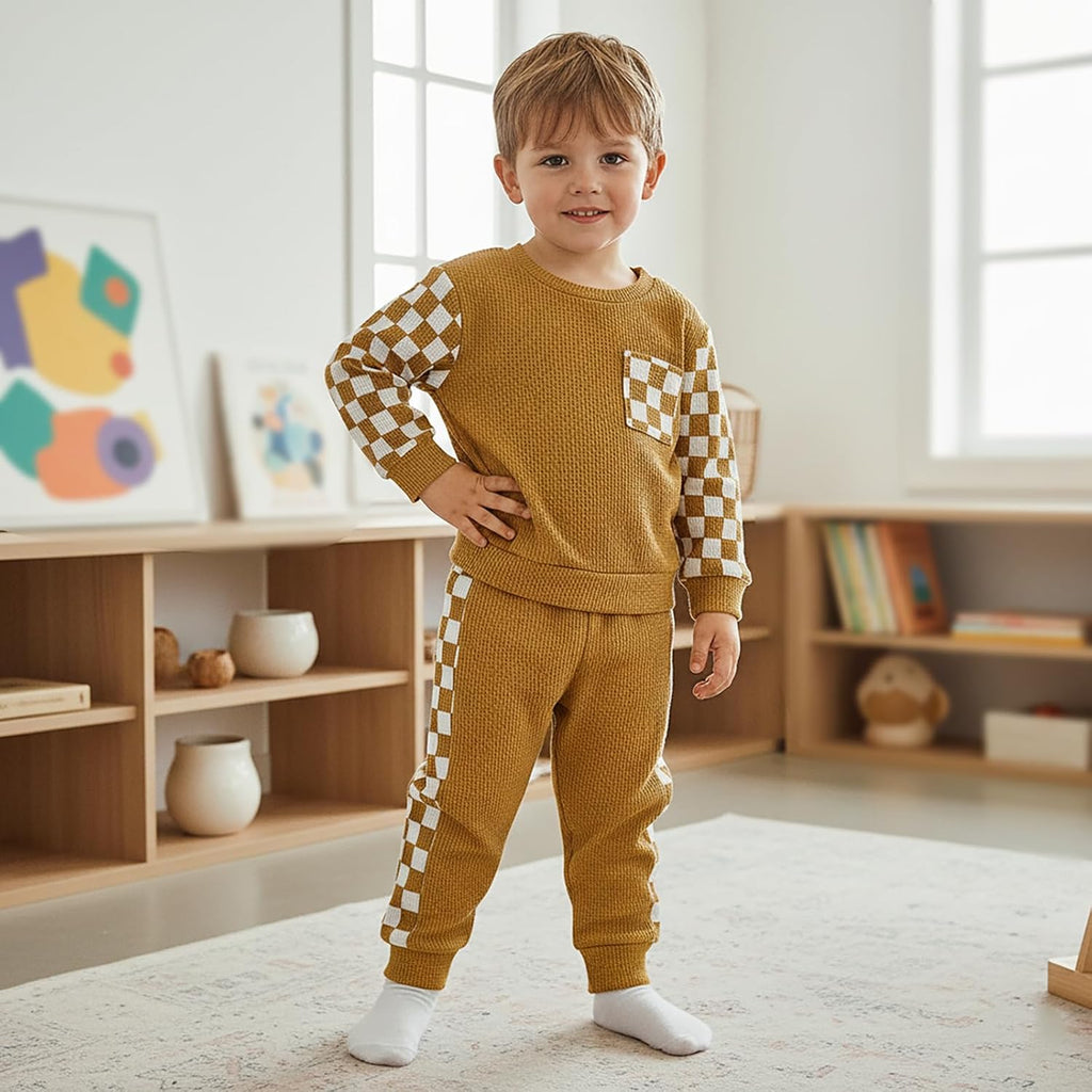 Baby Boy Fall Clothes Toddler Infant Plaid Patchwork Outfit Long Sleeve Round Neck Tops and Casual Pants Set
