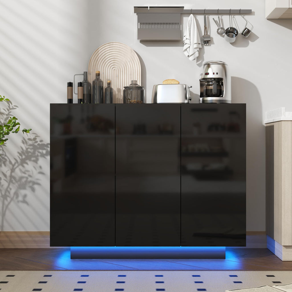Modern 39.4" High Gloss Buffet Cabinet with LED Lights, Black