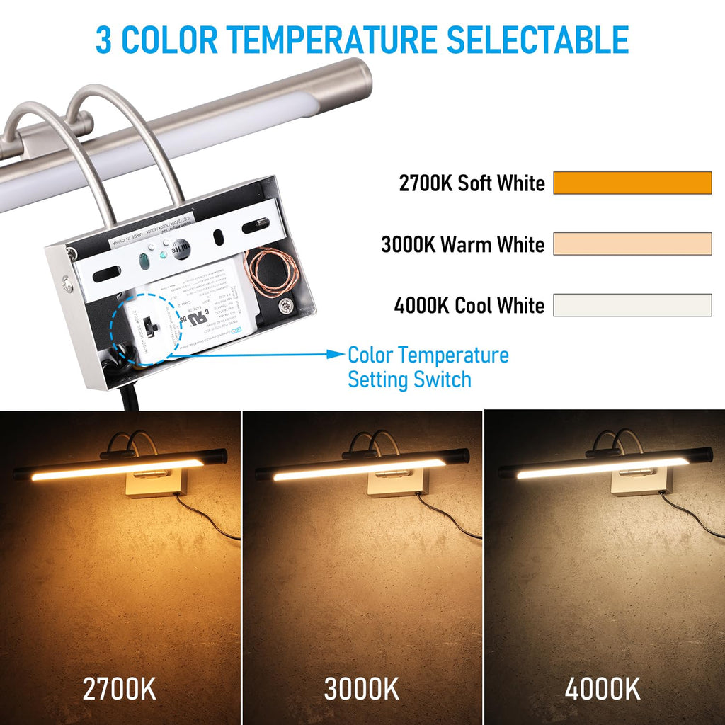 3CCT Dimmable LED Picture Light, CRI90, Adjustable, Satin Nickel