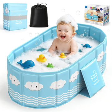 Collapsible Baby Bathtub Infant Toddler Baby Bath tub, 2 Drain Plugs, Blue