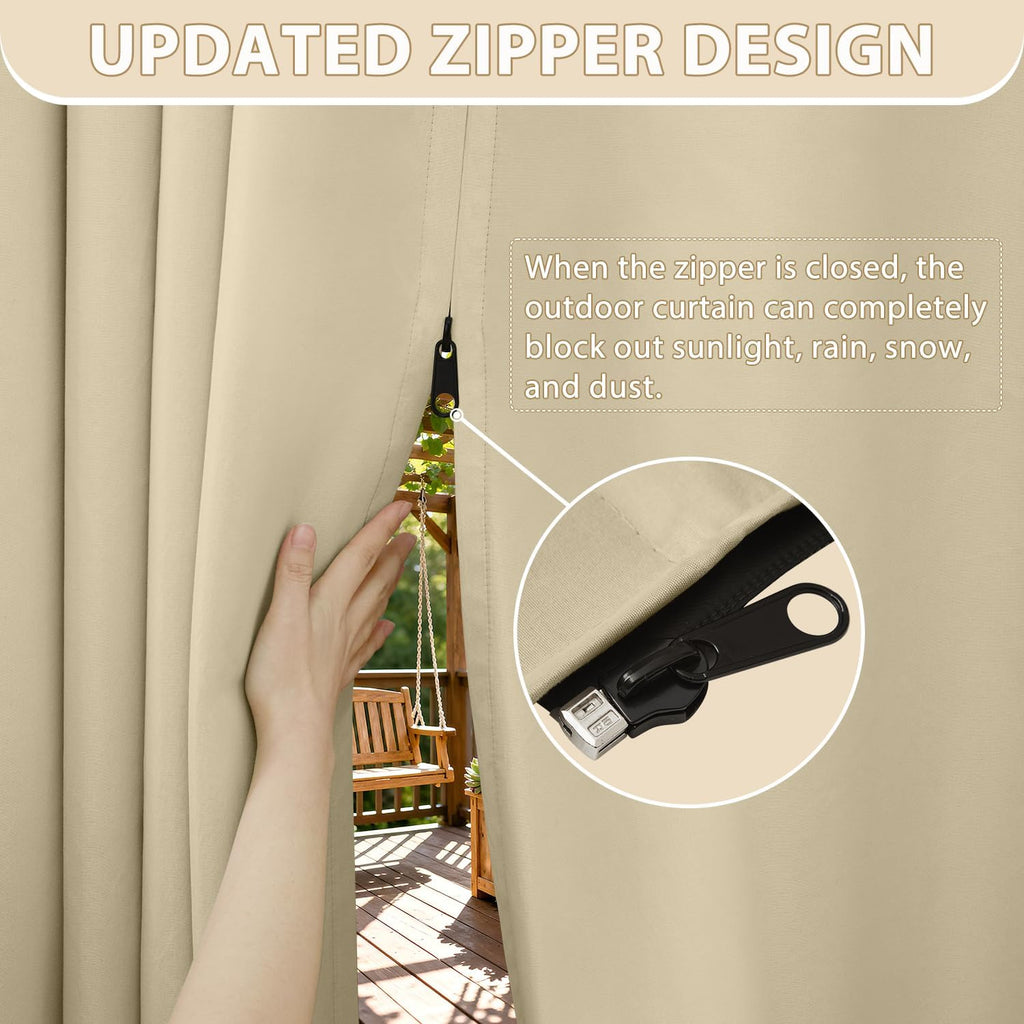 Waterproof Outdoor Curtains with Zipper Extra Long Top & Bottom Grommet Thermal Privacy Drapes 2 Panels Gazebo